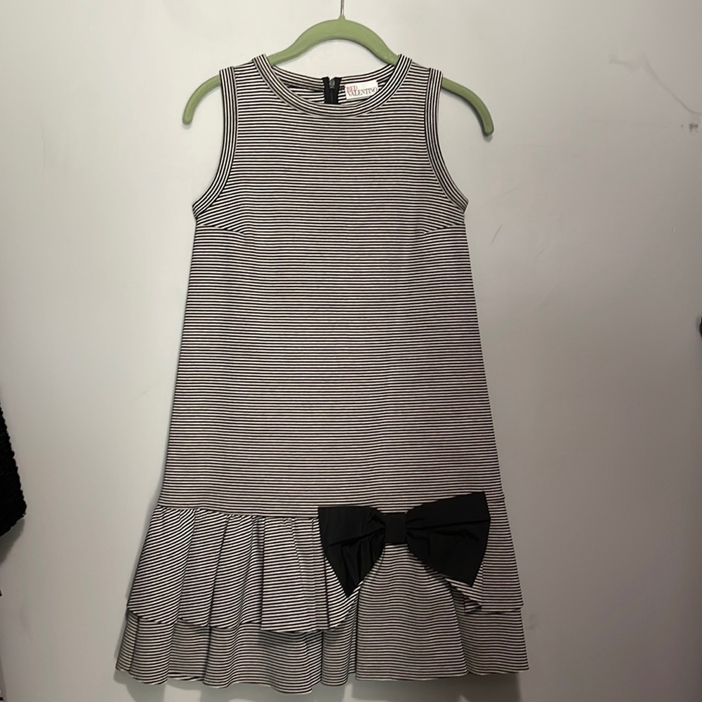 Red Valentino black/cream striped mini dress with large bow.
